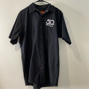 Black hot wheels 50th Anniversary button Dow tee shirt.